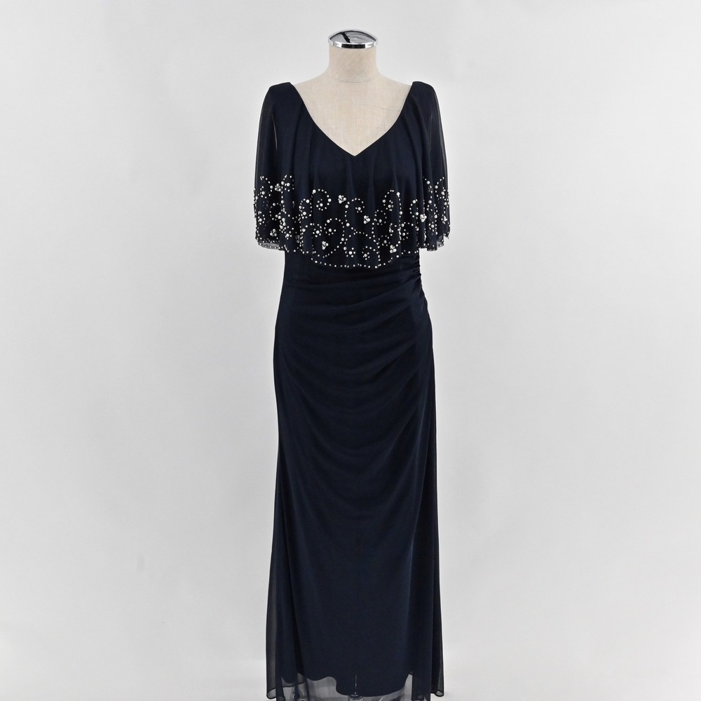 Betsy Adam Beaded Capelet Gown Womens Size 12P Navy Blue Formal Dress Rhinestone